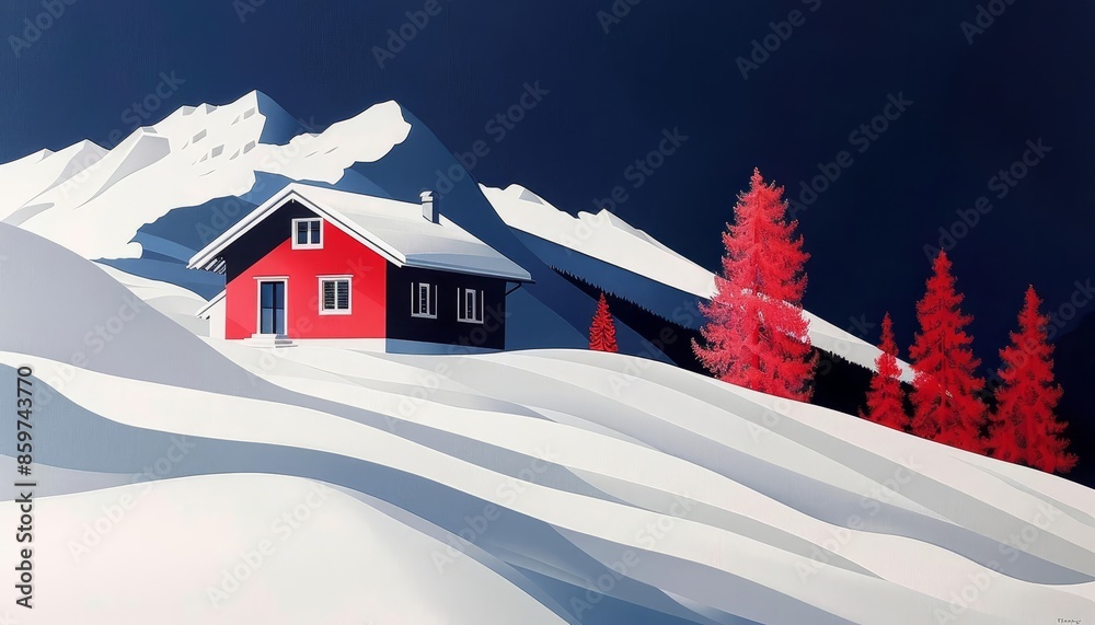 Wall mural Mountain cabin in a snowy landscape, serene atmosphere, natural colors, realistic painting