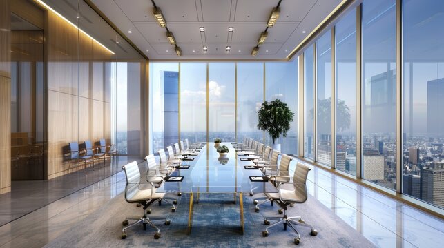 Modern glass-walled conference room with a stunning city skyline view, white chears and glaas table. Ideal for business meetings, corporate settings, and professional environments