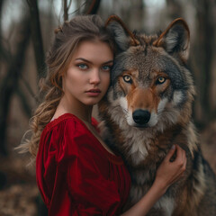 Fototapeta premium blue-eyed woman in a red dress with a wolf on her side in a forest