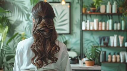 A woman with beautifully styled, long wavy hair in a serene salon with lush green plants, creating a calming and refreshing atmosphere perfect for relaxation.