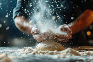 Chef making pizza. Chef kneading dough for pizza or bread or pasta. Chef hands kneading dough. Man preparing bread dough on wooden table in a bakery or restaurant close up. 