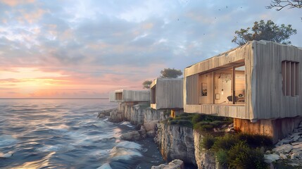 series of artist studios on a cliff overlooking the sea, each with a unique design using fiber cement siding to withstand the salty, windy conditions