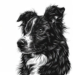 A black and white drawing of a Australian Shepherd dog