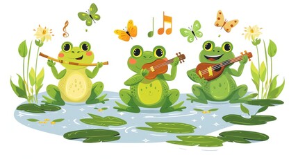 In this funny cartoon for kids, a frog band is playing music on the lake with a swamp background. It is a modern illustration using watercolors.