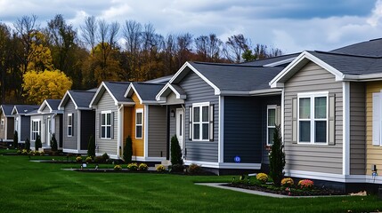 series of modular homes in a new development, each featuring a different pattern and color of fiber cement siding to offer variety and modernity