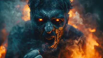 A figure is pictured emerging dramatically from intense flames, surrounded by smoke and fire, creating a mysterious and intense visual of a powerful character in chaos.