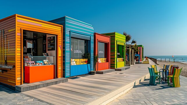 series of pop-up retail kiosks along a beach promenade, each made from brightly colored fiber cement siding to withstand the seaside elements