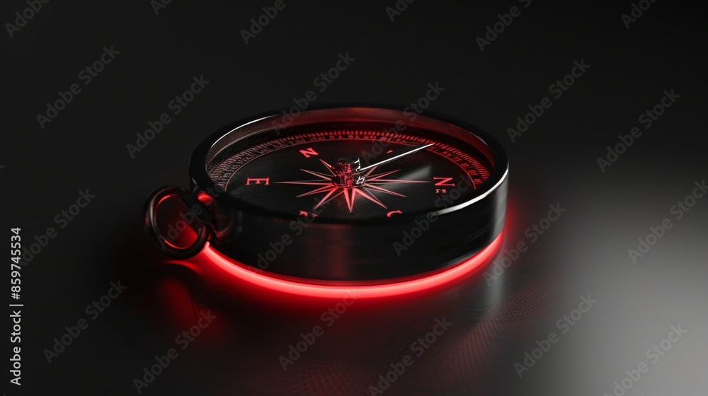 Wall mural artificial intelligence generated image of a modern, sleek compass illuminated by a red light on a d