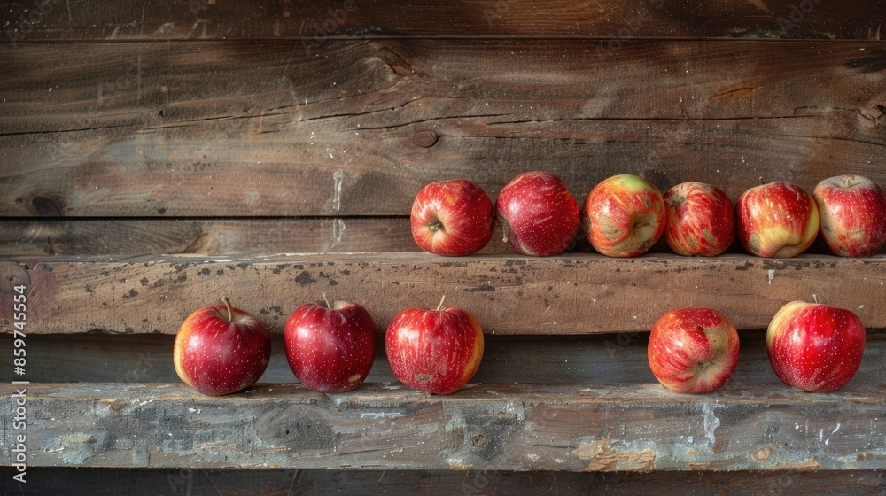 Wall mural red apples displayed on table against old wooden wall - Wall murals