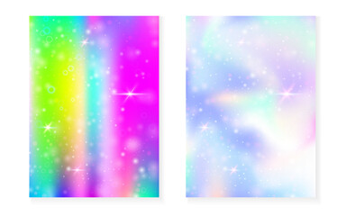 Fototapeta premium Princess background with kawaii rainbow gradient. Magic unicorn hologram. Holographic fairy set. Creative fantasy cover. Princess background with sparkles and stars for cute girl party invitation.