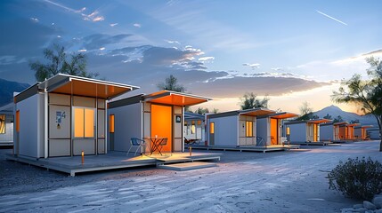 Naklejka premium series of small, portable disaster relief shelters made from lightweight fiber cement siding, designed for quick assembly and resilience in harsh conditions