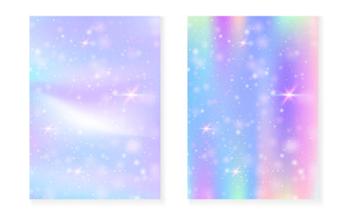 Magic background with princess rainbow gradient. Kawaii unicorn hologram. Holographic fairy set. Fluorescent fantasy cover. Magic background with sparkles and stars for cute girl party invitation.