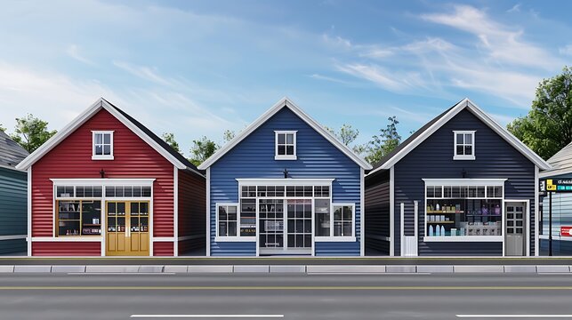 series of small business shops each featuring a distinctive design of fiber cement siding, highlighting the material's versatility in commercial architecture