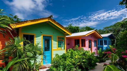 Fototapeta premium small island boutique hotel with weatherproof fiber cement siding painted in bright tropical colors, designed to stand out against the lush greenery and blue skies