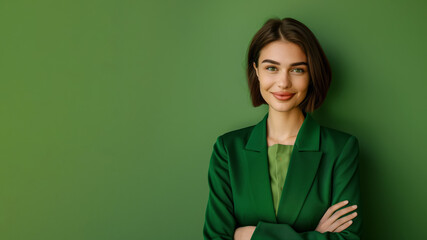 A young brunette woman in green clothing stands against a solid green background. Studio. Isolated green background. 