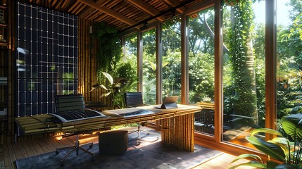 solar-powered home office featuring a desk made from sustainable bamboo, ergonomic seating made from recycled materials, and smart glass windows to optimize heating and cooling