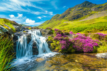 beautiful waterfall flowing into a small mountain stream in the mountains in a meadow on a sunny day, generative AI