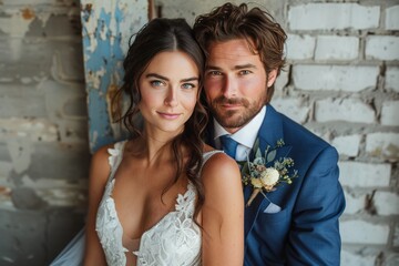 A wedding couple posing for a photograph in front of a rustic, weathered backdrop, wearing formal attire and looking directly at the camera, evoking timeless love and joy.