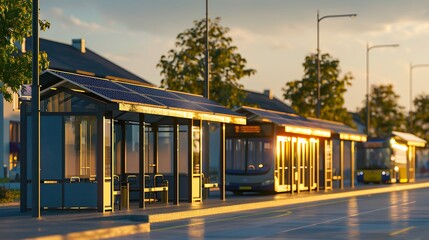 Obraz premium sustainable city initiative featuring bus stops with roofs made from solar-paneled fiber cement siding, contributing to urban energy efficiency