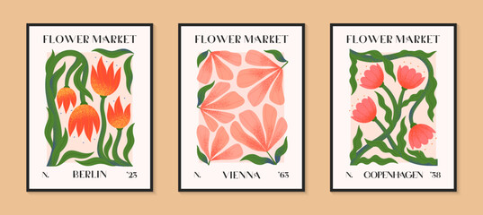 Abstact flower market vector posters with hand drawn florals.Modern botanical illustrations for prints,flyers,banners,invitations,branding design,covers,home decoration.