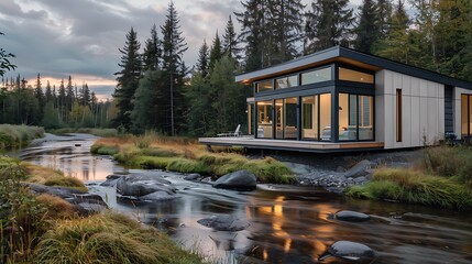 Obraz premium sustainable fishing lodge on a riverbank, with durable and moisture-resistant fiber cement siding, designed to have minimal impact on the surrounding ecosystem