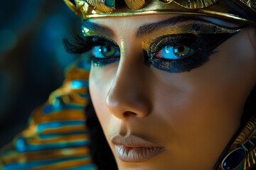 beautiful brown skin egyptian Pharaoh cleopatra, egyptian queen cleopatra in heavy make-up and royal jewelry, geberative AI