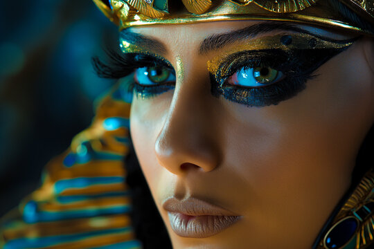 beautiful brown skin egyptian Pharaoh cleopatra, egyptian queen cleopatra in heavy make-up and royal jewelry, geberative AI
