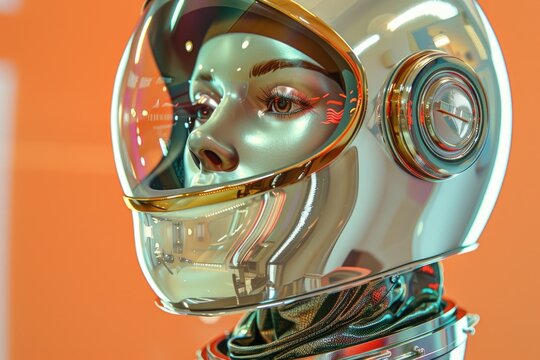 Beautiful female mannequin in spaceman helmet concept. Astronaut background with copy space.