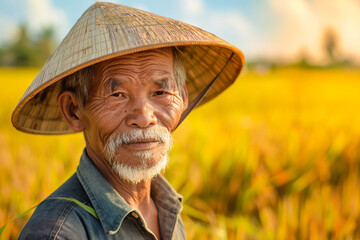 Fototapeta premium old vietnamese man in a triangular straw hat on the background of a rice field, generative AI