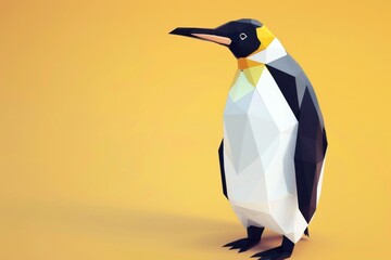 Obraz premium Stylized penguin composed of polygons is standing on a minimalist yellow background. This illustration could be used for topics related to animals, nature, or design