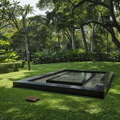 Fototapeta premium Zen Water Garden on Lush Grass in a Calm and Serene Environment