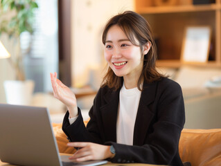 ノートパソコンに話す女性