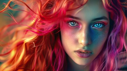 Obraz premium Charming woman with long dyed hair and deep eyes.