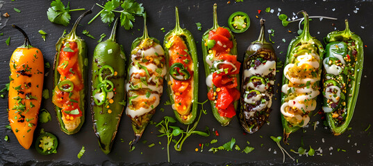 A variety of jalapeno poppers with different fillings, captured with vibrant colors and detailed textures