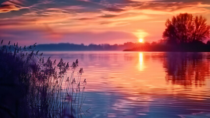 Naklejka premium Sunset over water nature tranquil scene in twilight, AI Generative.