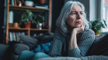Obraz premium Lonely woman in 50s struggles with health and emotions.