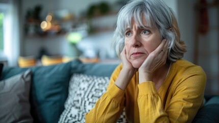 Fototapeta premium Lonely woman in 50s struggles with health and emotions.