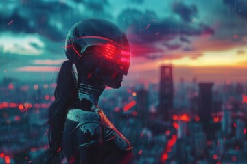 Obraz premium Future woman concept black latex with neon lights over city Ã Â¢ Ã Â¢ destroyed
