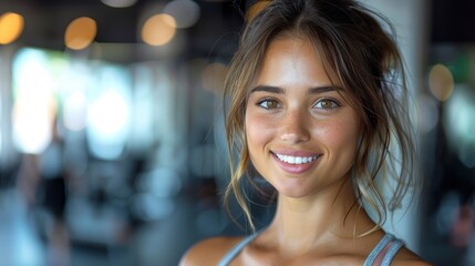 Fototapeta premium A young woman with brown hair tied up, smiling at the camera, standing in a well-equipped gym with bright, defocused background, capturing a moment of post-workout happiness.