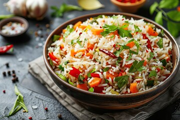 Indian vegetable biryani pulav made with basmati rice  served in bowl.