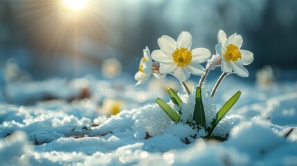 An image showing white daffodils gracefully emerging from the snow, symbolizing the arrival of spring, captured under the warm and soft rays of sunlight in a serene natural setting.