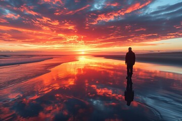 Obraz premium Solitary Figure Walking on a Beach During a Vibrant Sunset