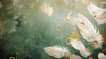 Artistic green canvas merging ethereal feathers with golden hexagons, suitable for elegant murals.