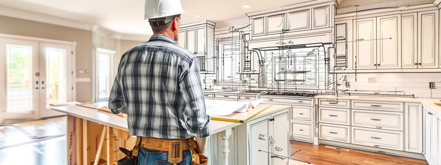 A hard-working contractor assesses the kitchen renovation project, envisioning the transformation to come.