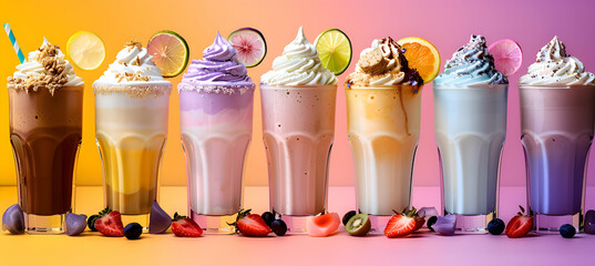 Fototapeta premium A variety of milkshakes with different flavors, captured with vibrant colors and detailed textures