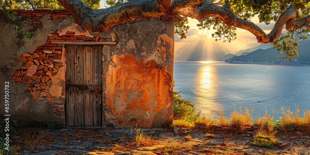 Wall mural mediterranean landscape with old tree, rustic seaside house with old wooden door and ocean view