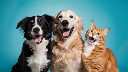 There are three animals in the photo. A black and white Border Collie, a Golden Retriever, and an orange cat. They are all smiling and have their mouths open. The background is blue.

