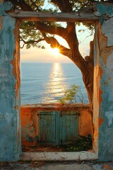 mediterranean landscape with old tree, rustic seaside house with old wooden door and ocean view
