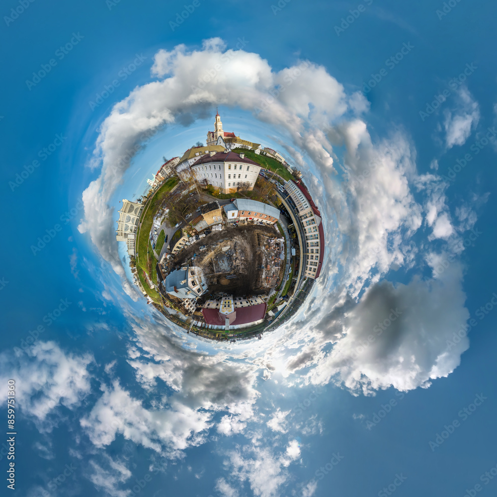Wall mural simple tiny planet without buildings in blue sky with beautiful clouds. transformation of spherical 