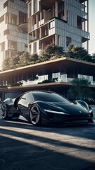 A black sports car parked in front of a modern glass and concrete building.

